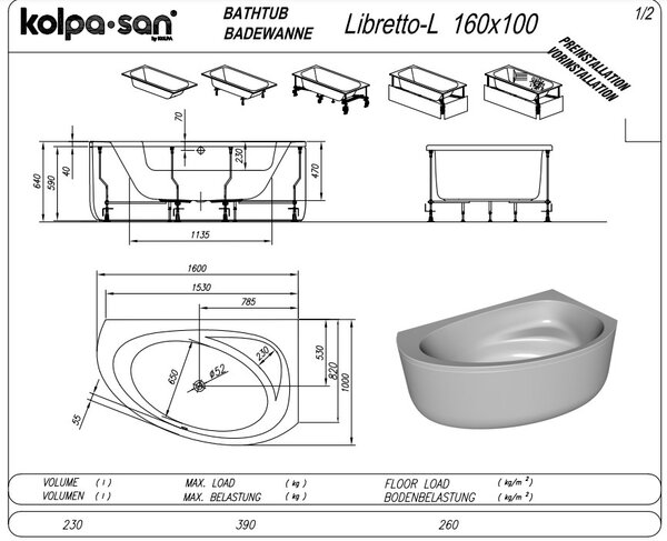 Ванна Kolpa San LIBRETTO 160x100 L акриловая на каркасе со сливом переливом
