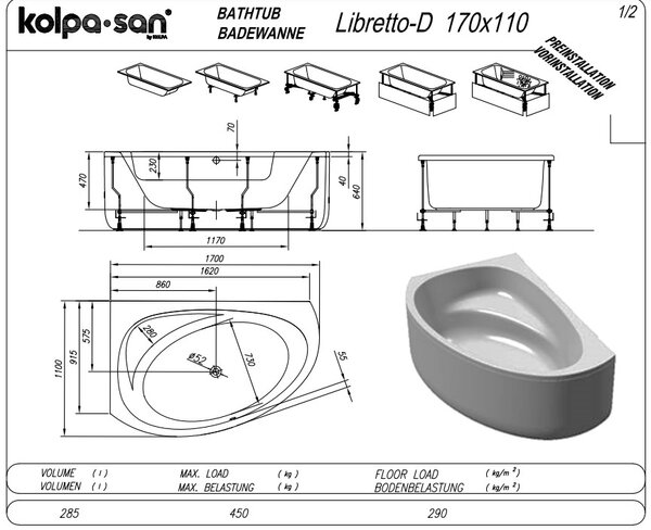 Ванна Kolpa San LIBRETTO 170x110 D акриловая на каркасе со сливом переливом