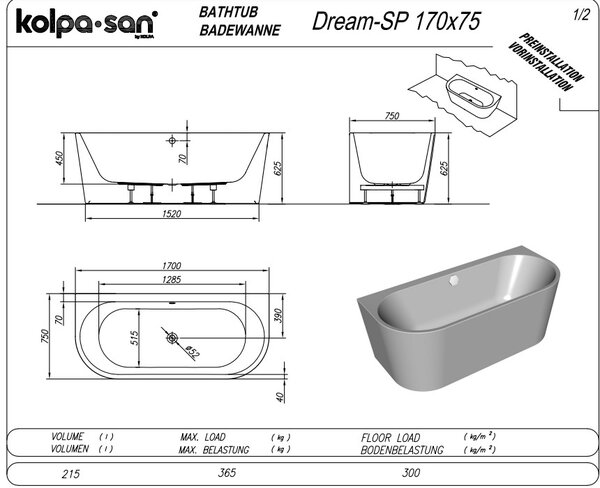 Ванна Kolpa San DREAM SP 170x75 акриловая на каркасе со сливом переливом