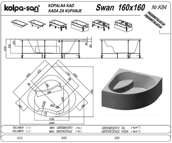 Ванна Kolpa San SWAN 160x160 акриловая на каркасе со сливом переливом