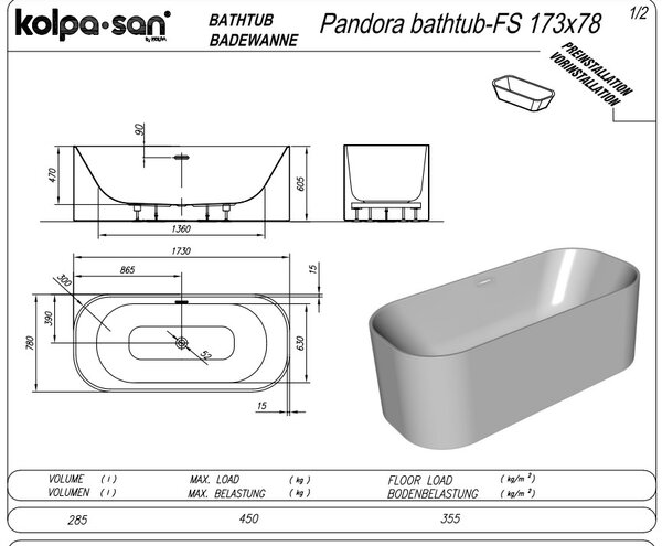 Ванна Kolpa San PANDORA FS 173x78 акриловая со сливом переливом