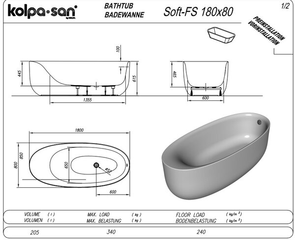 Ванна Kolpa San SOFT FS 180x80 NEW акриловая со сливом переливом