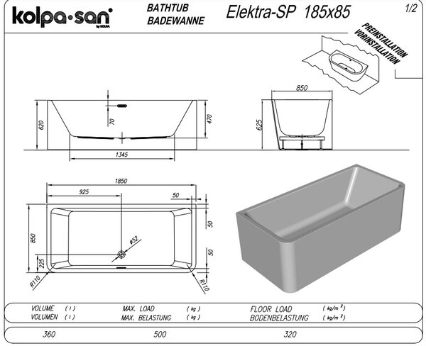 Ванна Kolpa San ELEKTRA SP 185X85 NEW акриловая со сливом переливом