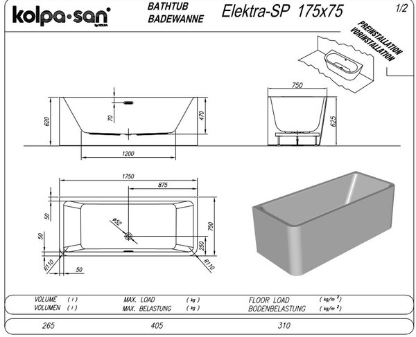 Ванна Kolpa San ELEKTRA SP 175X75 NEW акриловая со сливом переливом