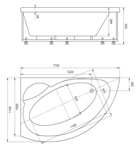 Акриловая ванна Акватек Аякс 2 AYK170-0000085 L 170x110 см, угловая, вклеенный каркас, с экраном, со сливом-переливом, асимметричная