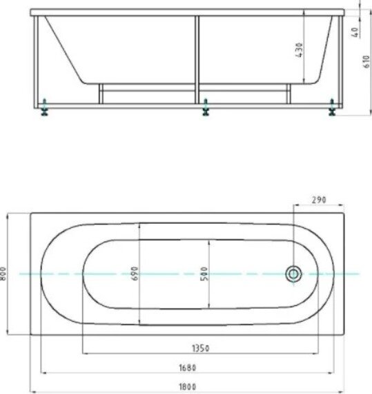 Акриловая ванна Aquatek Оберон 180x80 OBR180-0000009 с каркасом и фронтальным экраном (слив справа)