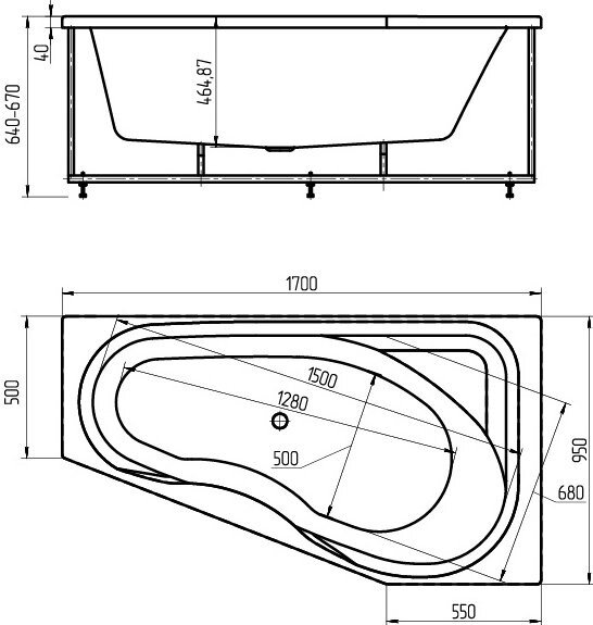 Акриловая ванна Акватек Медея MED180-0000038 R 170x95 см, угловая, вклеенный каркас, с экраном, со сливом-переливом