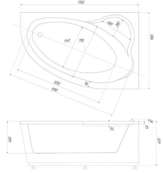 Акриловая ванна Акватек Фиджи R 170x110 см вклеенный каркас, с экраном, со сливом-переливом