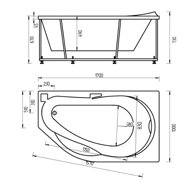 Акриловая ванна Акватек Таурус TAR170-0000129 R 170x100 см, с каркасом, с экраном, со сливом-переливом
