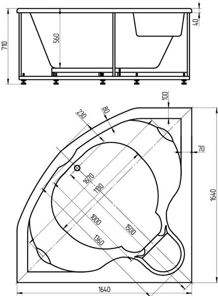Акриловая ванна Акватек Сириус SIR164-0000002 165x165 см, вклеенный каркас, с экраном, со сливом-переливом