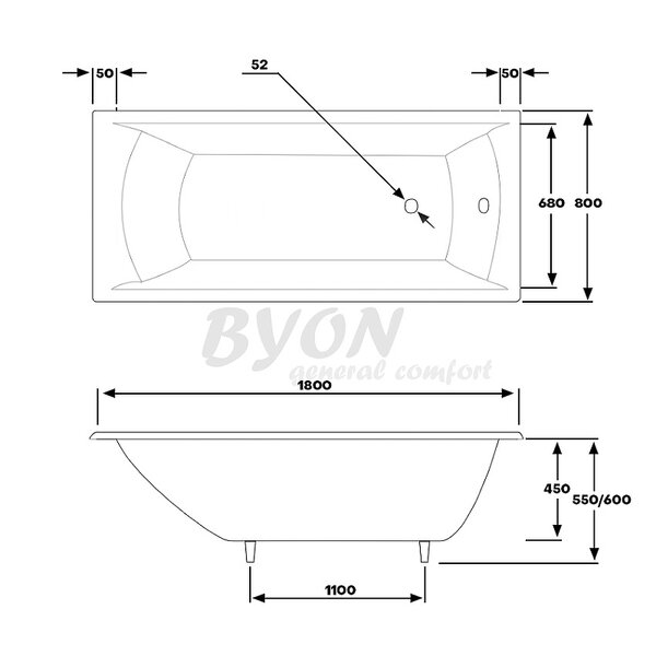 Чугунная ванна Byon Milan 180x80 с ножками в комплекте