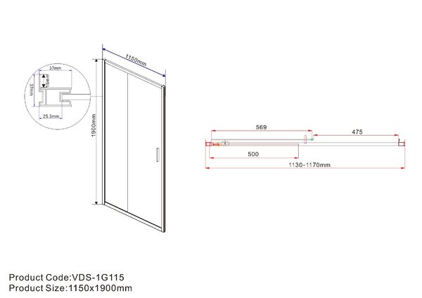 Душевая дверь Vincea Гарда (Garda) VDS-1G115CLB 115x190 см, профиль черный матовый. Размер регулировки 1130-1170 мм