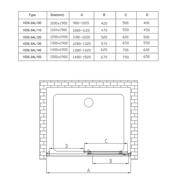 Душевая дверь Vincea Альфа (Alpha) VDS-3AL150CLG 150x190 см, профиль золото матовое. Размер регулировки 1480-1520 мм