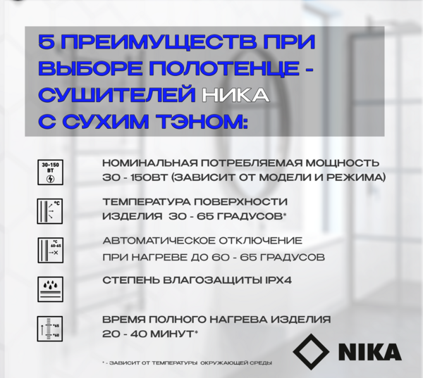 Полотенцесушитель Электрич.кабельный Ника WAY-2 80/40 RAL9005 черный матовый U