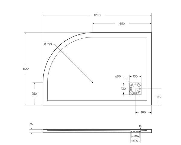 Душевой поддон из искусственного мрамора в комплекте с сифоном BelBagno UNO TRAY-MR-UNO-RH-120/80-550-35-W-L-CR