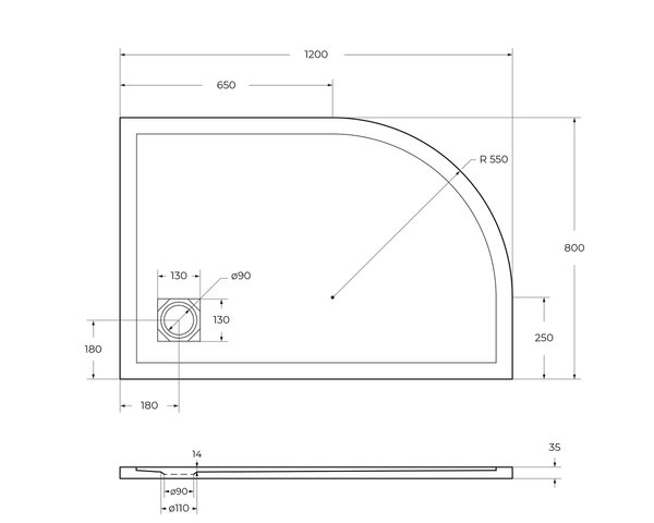 Душевой поддон из искусственного мрамора в комплекте с сифоном BelBagno UNO TRAY-MR-UNO-RH-120/80-550-35-W-R-CR