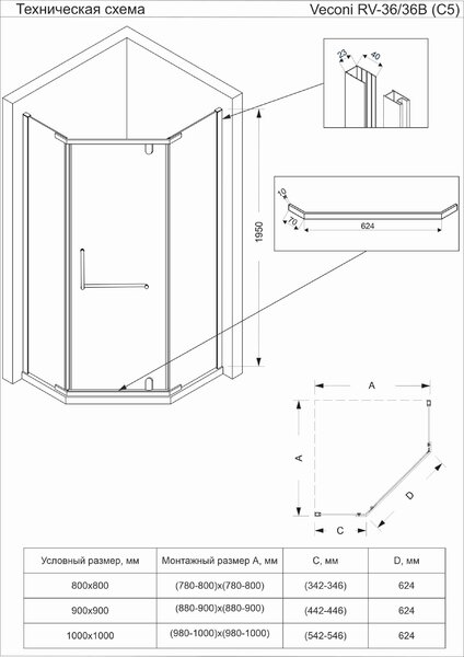 Душевой угол Veconi Rovigo RV-36GR, 1000x1000x1950, брашированный графит, стекло прозрачное