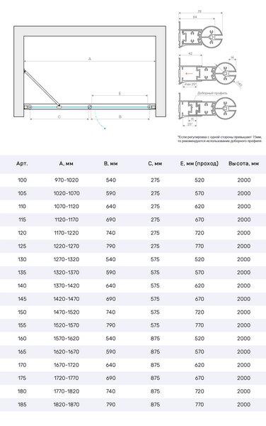 Душевая дверь Vegas Glass EP-F-2 NOVO h2000 140 01 07 R профиль белый, стекло графит. Размер регулировки 137-142 см.