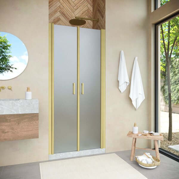 Душевая дверь Vegas Glass Е2Р NOVO h2000 120 03 10 профиль золото матовое, стекло сатин. Размер регулировки 117,5-122,5 см.