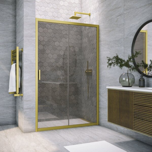 Душевая дверь Vegas Glass ZP NOVO h2000 145 03 07 профиль золото матовое, стекло графит. Размер регулировки 143-148 см.