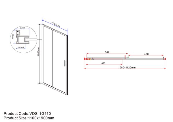 Душевая дверь Vincea Гарда (Garda) VDS-1G110CLB 110x190 см, профиль черный матовый. Размер регулировки 1080-1120 мм