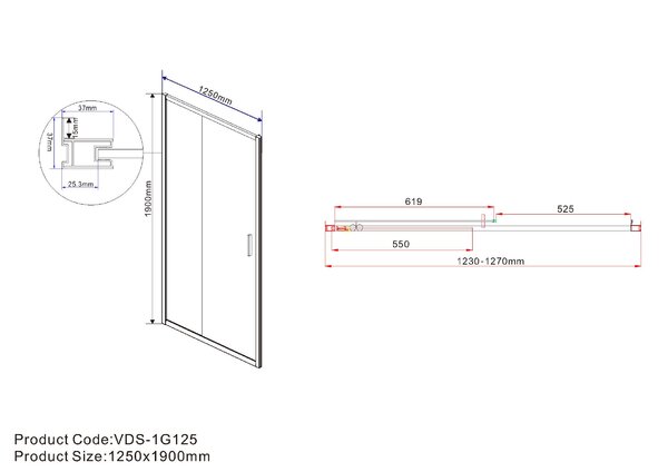 Душевая дверь Vincea Гарда (Garda) VDS-1G125CLGM 125x190 см, профиль вороненая сталь. Размер регулировки 1230-1270 мм