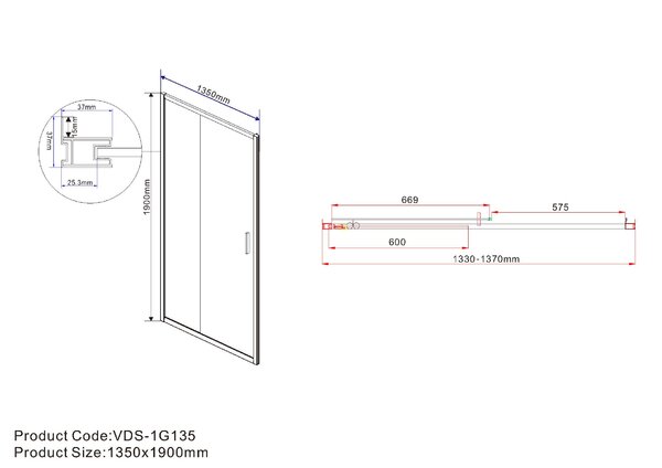 Душевая дверь Vincea Гарда (Garda) VDS-1G135CLG 135x190 см, профиль золото матовое. Размер регулировки 1330-1370 мм