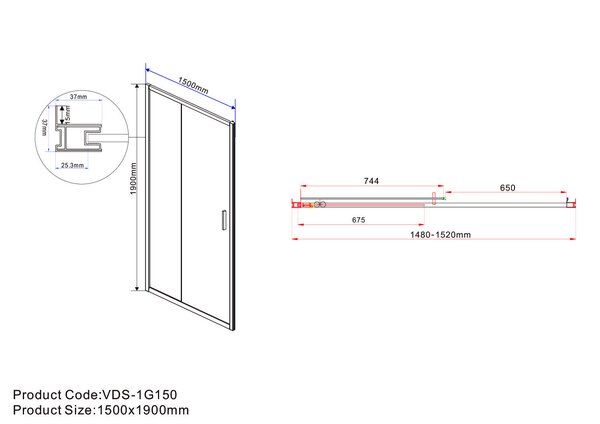 Душевая дверь Vincea Гарда (Garda) VDS-1G150CLG 150x190 см, профиль золото матовое. Размер регулировки 1480-1520 мм