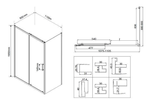 Душевой уголок Vincea City VSR-5CT9011CLB, 1100*900, черный, стекло прозрачное