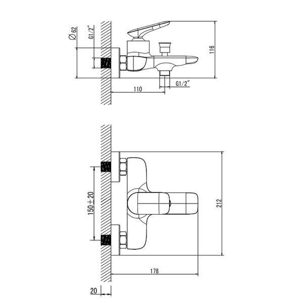 AQUAme AQM6512GM Como Смеситель для ванны однорычажный, с душевым набором, 3 режима, графит