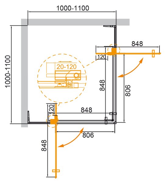 Душевой уголок CEZARES SLIDER-A-2-100/110-BR-BORO профиль золото матовое, стекло тонированное 100-110x100-110 см