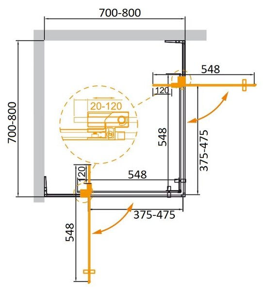 Душевой уголок CEZARES SLIDER-A-2-70/80-C-BORO профиль золото матовое, стекло прозрачное 70-80x70-80 см