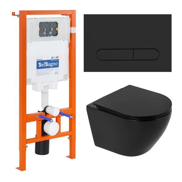 Комплект 4 в 1 Унитаз подвесной BelBagno COLORATO BB062CHR-MB с сиденьем BB062SC-MB + Система инсталляции для унитазов BelBagno BB002-80 с кнопкой смыва BB007-PR-NERO.M