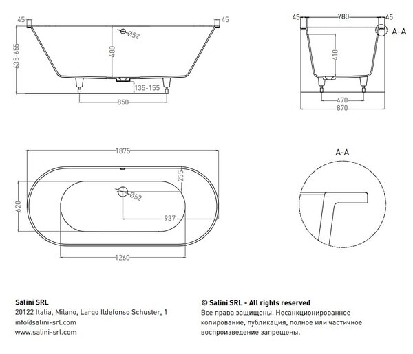 Ванна Salini ORNELLA AXIS OVAL 190х90 материал S-Sense 103412G покрытие Глянцевое