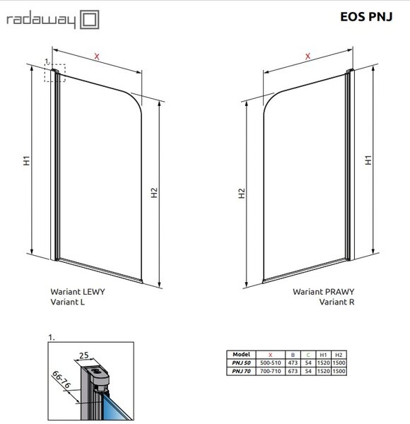 Шторка для ванны Radaway EOS PNJ 70х152 см, 1205101-101L