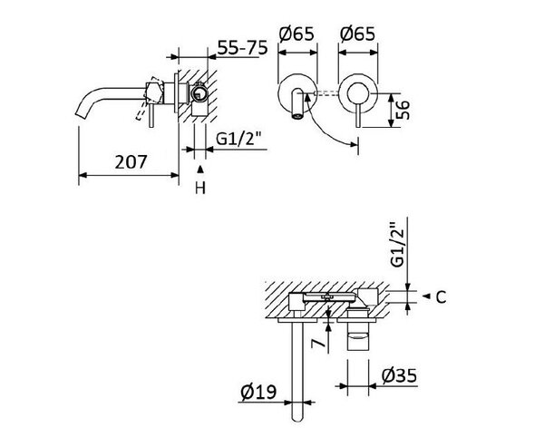 Смеситель для раковины встраиваемый CEZARES LEAF-BLI2-20-L-01-W0, цвет Хром