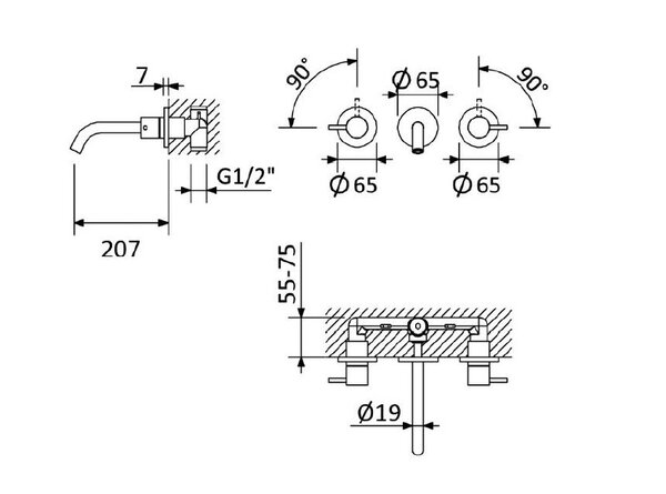 Смеситель для раковины встраиваемый CEZARES LEAF-BLI3L-20-L-01-W0, цвет Хром