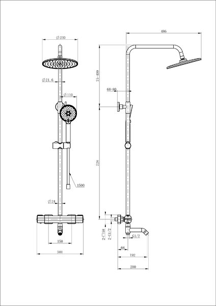 Душевая система с термостатом WONZON & WOGHAND STAY 1, Черный матовый (WW-B3051-A1-MB)