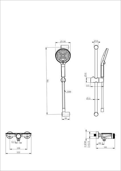 Смеситель для душа с гарнитуром WONZON & WOGHAND ClickPlate, Хром (WW-B2052-A-CR)