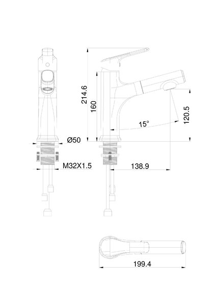 Смеситель для раковины с выдвижным изливом WONZON & WOGHAND, Темный графит (WW-AE4151-BGG)