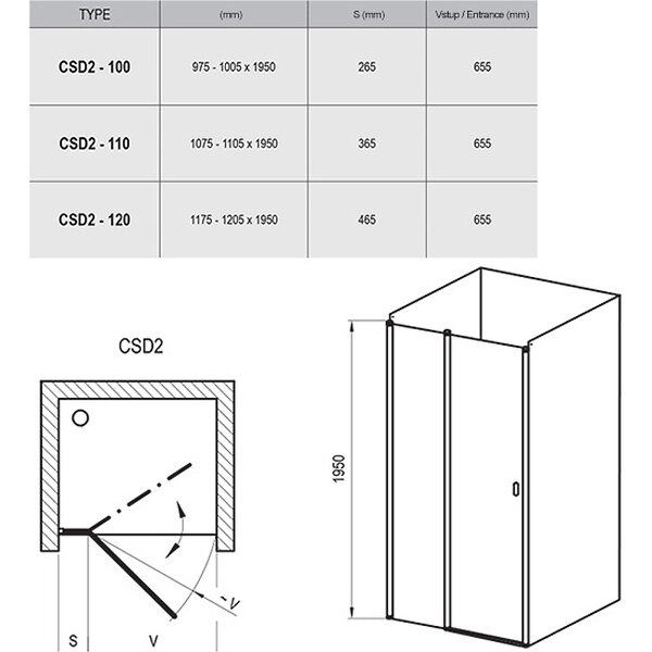 Душевая дверь Ravak Chrome CSD2-120 распашная, стекло Transparent, профиль Белый  (0QVGC100Z1)