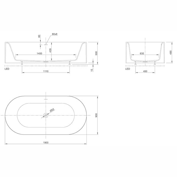 KNIEF Moon Ванна отдельностоящая 190x90x50см, c встроенной LED подсветкой ,с  слив переливом , цвет: белый матовый