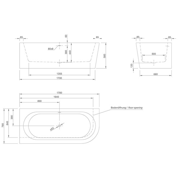 KNIEF Wall Corner R Ванна пристенная с монтажом в левый угол 180х80х60см, с щелевым переливом, цвет: белый со слив-переливом УЦЕНЕНА
