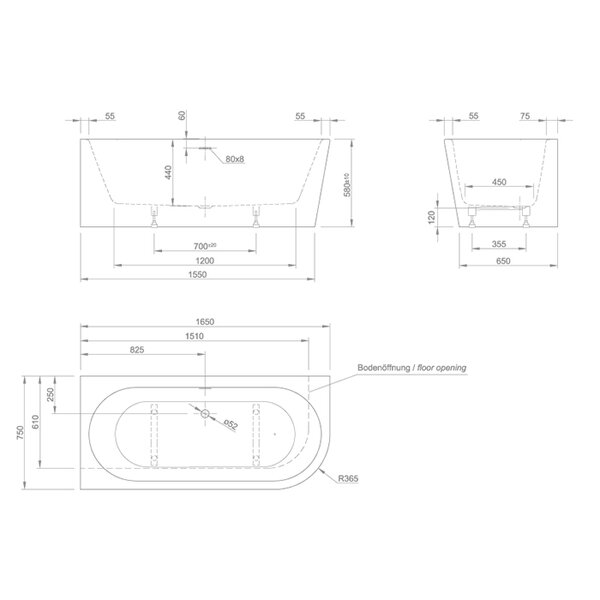 KNIEF Wall XS Corner R Ванна в левый угол 165x75x58xсм, с щелевым переливом, без сл-пер, цвет: белый