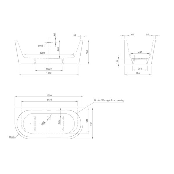 Knief Wall Corner Ванна пристенная 165x75х58см., с щелевым переливом, без сл-перелива, цвет: белый глянцевый