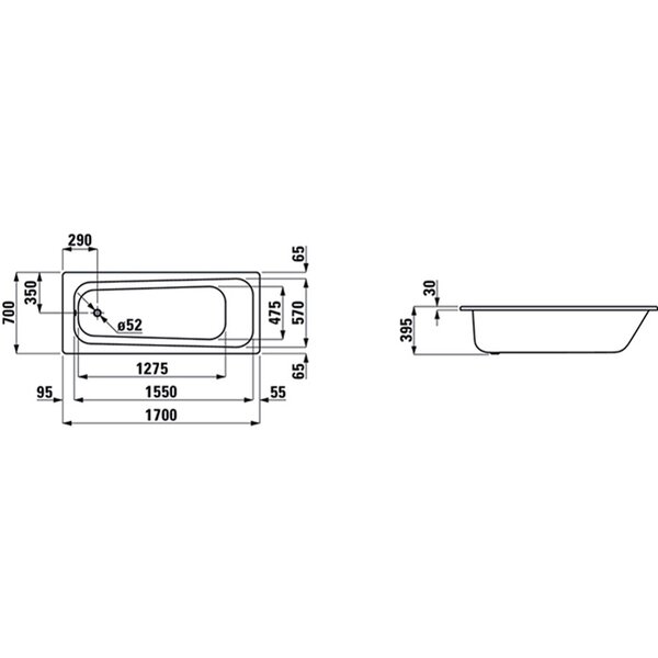 Laufen Pro Ванна встраиваемая, 170x70см., эмалированная сталь (3,5 мм), шумоизоляционное покрытие, с отверстиями для ручек, цвет: белый