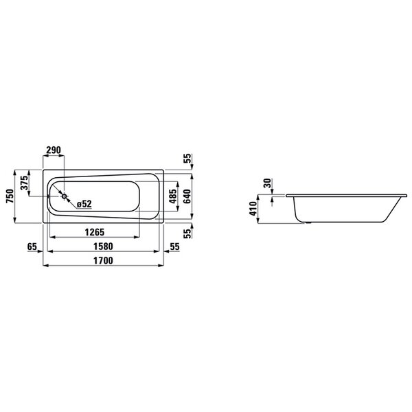 Laufen Pro Ванна встраиваемая, 170x75см., эмалированная сталь (3,5 мм), шумоизоляционное покрытие, с отверстиями для ручек, с антискользящим покрытием, цвет: белый