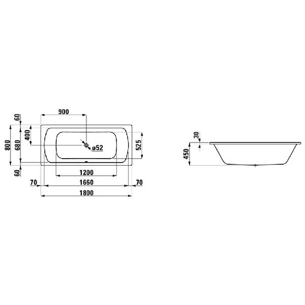 Laufen Pro Ванна встраиваемая, 180x80см, эмалированная сталь (3,5 мм), с центральным выпуском,  шумоизоляционное покрытие, без отверстий для ручек, антискользящее покрытие, цвет: белый