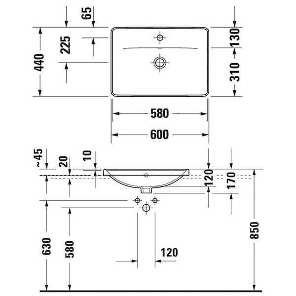 Duravit D-Neo Раковина встраиваемая сверху  600х440  мм,, с переливом, с 1 отв. под смеситель, цвет: белый