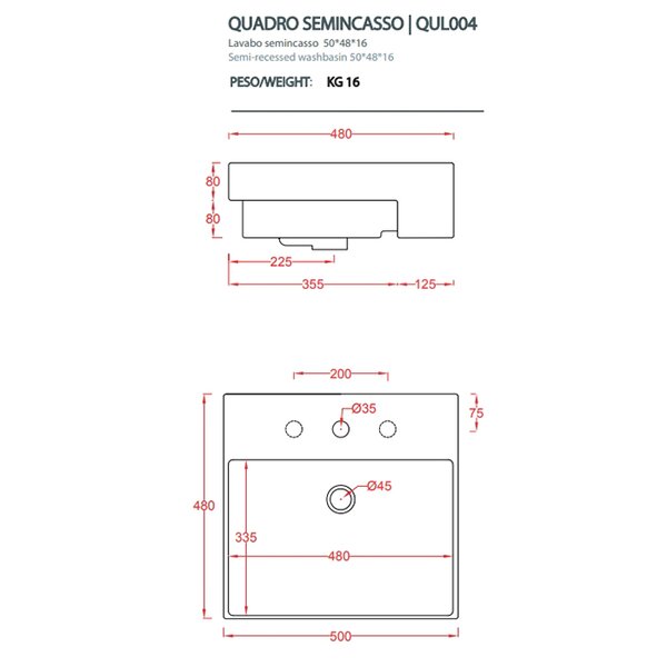 Artceram QUADRO Semincasso Раковина накладная полувстраиваемая 50х48 см, с 1 отв под смеситель, со слив переливом, цвет белый.
